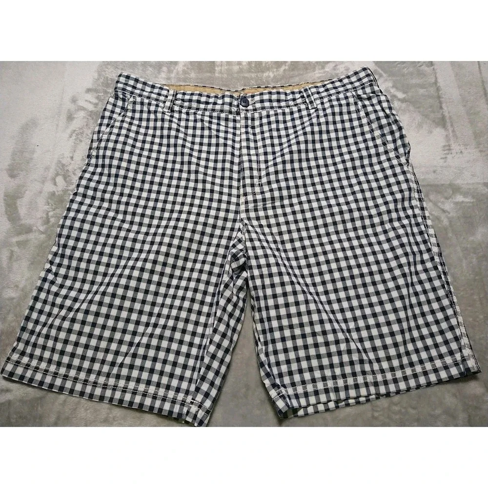 IZOD Chino Shorts Men 38/10 Navy Gingham Preppy College Lightweight Classic
